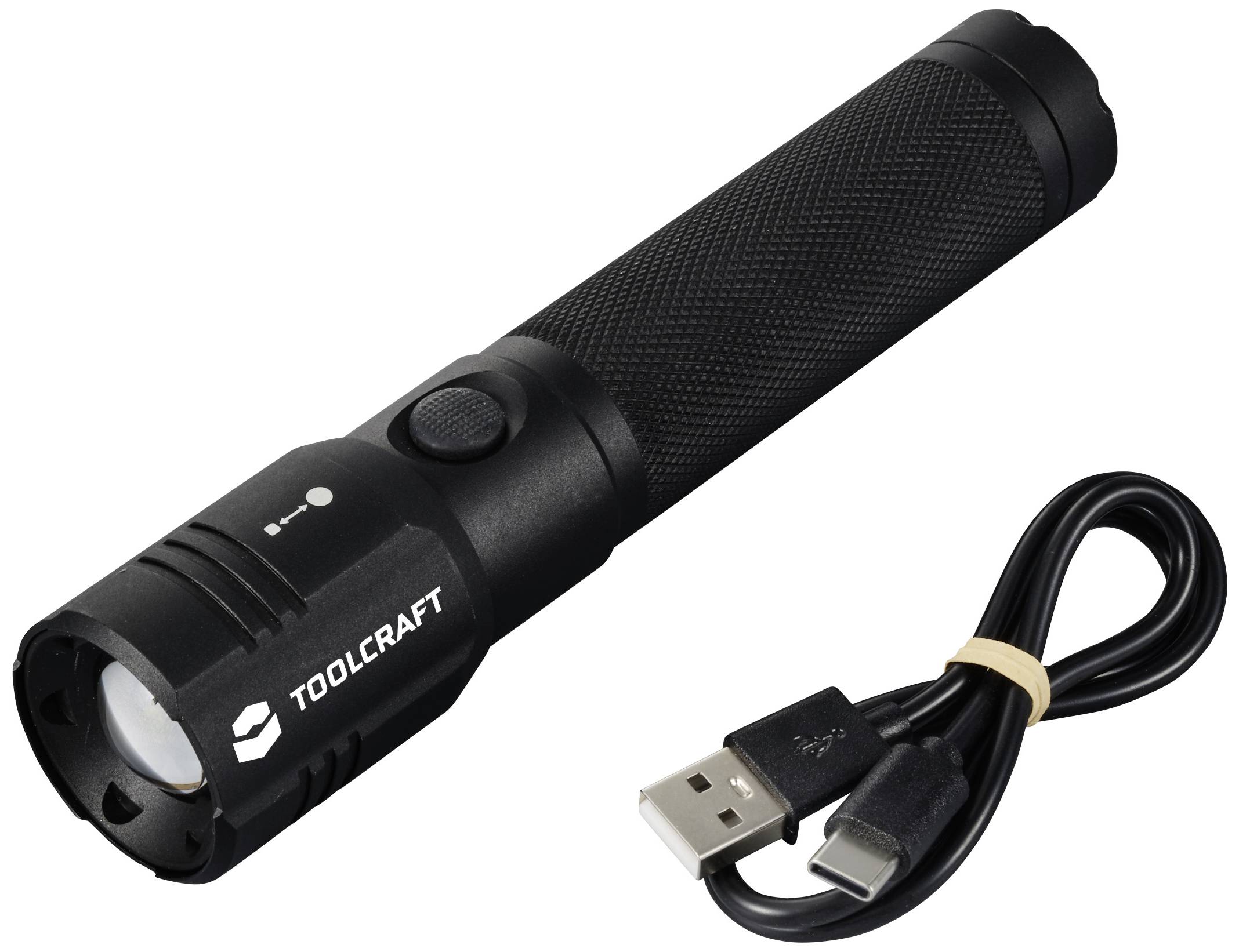 Schwarze LED-Taschenlampe mit USB-Anschluss und Ladekabel. Aufschrift 'TOOLCRAFT'.