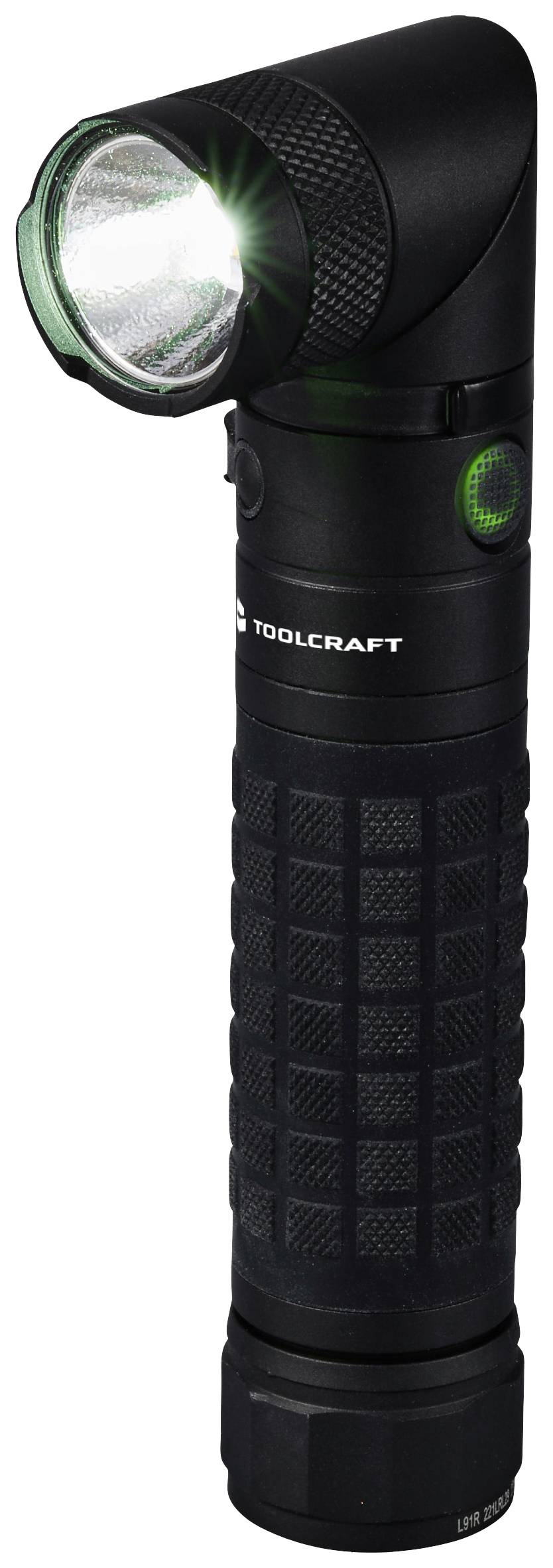 Schwarze Taschenlampe mit abgewinkeltem Kopf, grünem Leuchtknopf und geriffeltem Griff für besseren Halt.