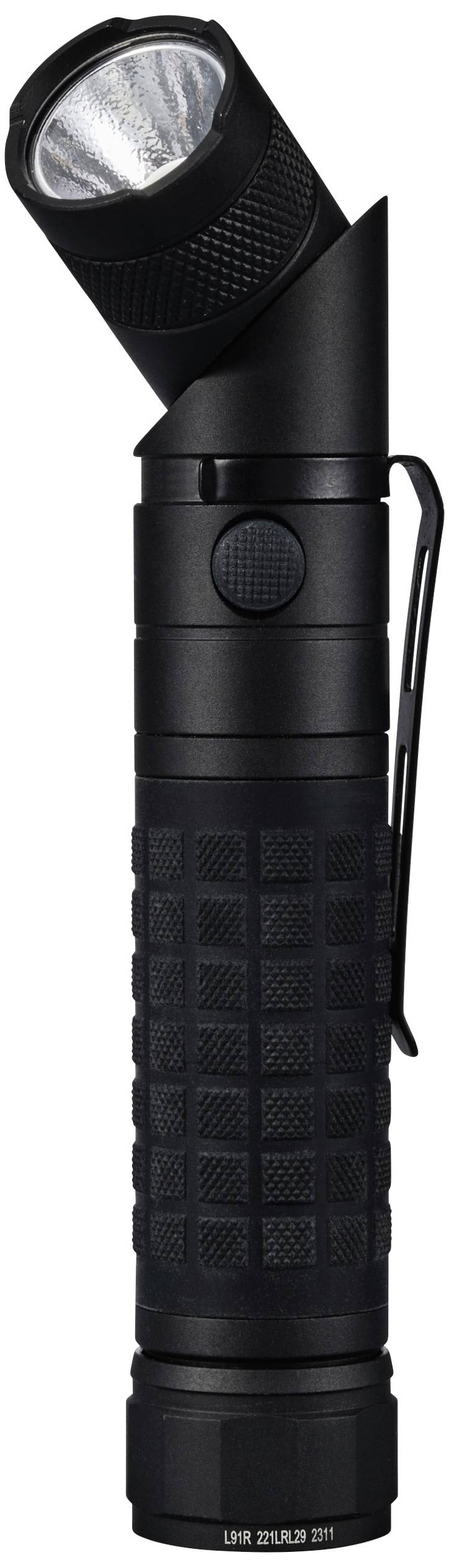 Eine schwarze, taktische Taschenlampe mit schwenkbarem Kopf und seitlichem Druckknopf, ideal für vielseitige Beleuchtung.