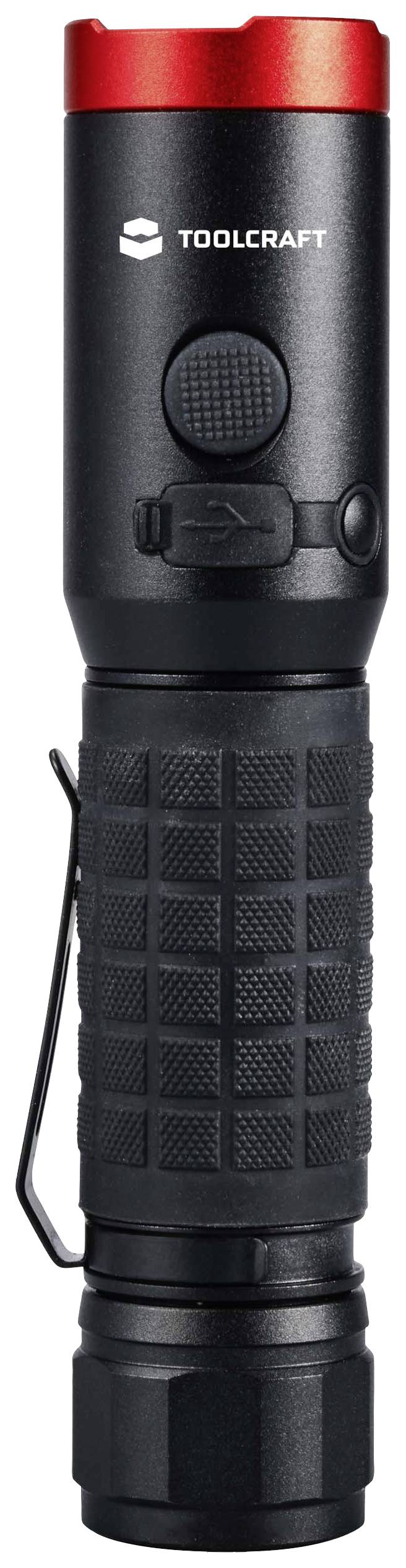 Eine schwarze Taschenlampe mit rotem Kopf und Markenlogo, geeignet für den Gebrauch bei schlechten Lichtverhältnissen.