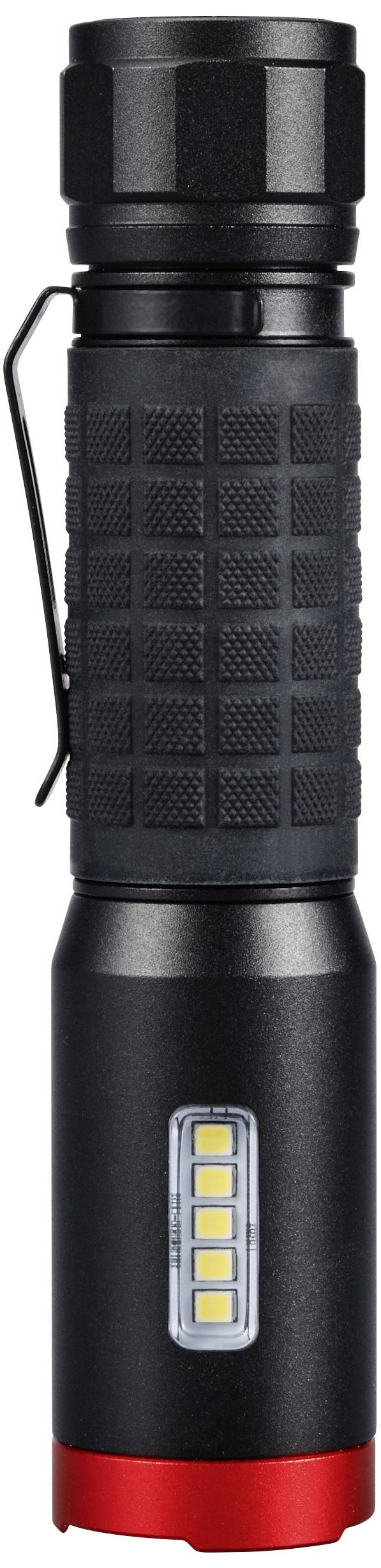 Schwarze Taschenlampe mit rotem Sockel, seitlich angebrachten LEDs und geriffeltem Griff für besseren Halt.