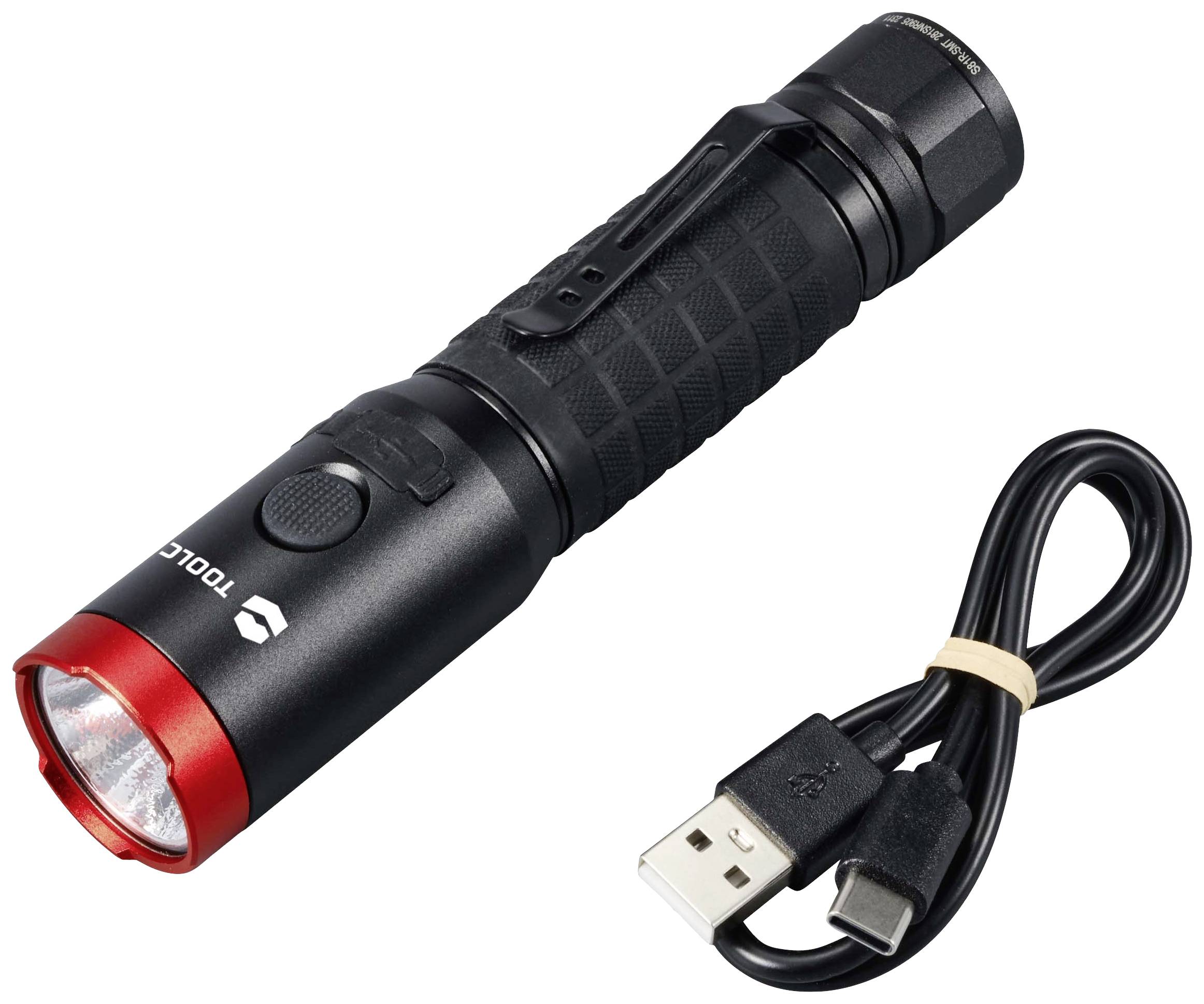 Schwarze Taschenlampe mit rotem Rand und USB-C-Ladekabel. Energiesparend und kompakt, ideal für Outdoor-Abenteuer.