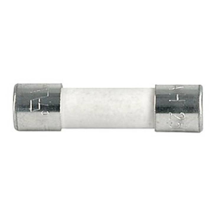 Eine kleine, weiße zylindrische Sicherung mit metallischen Endkappen.