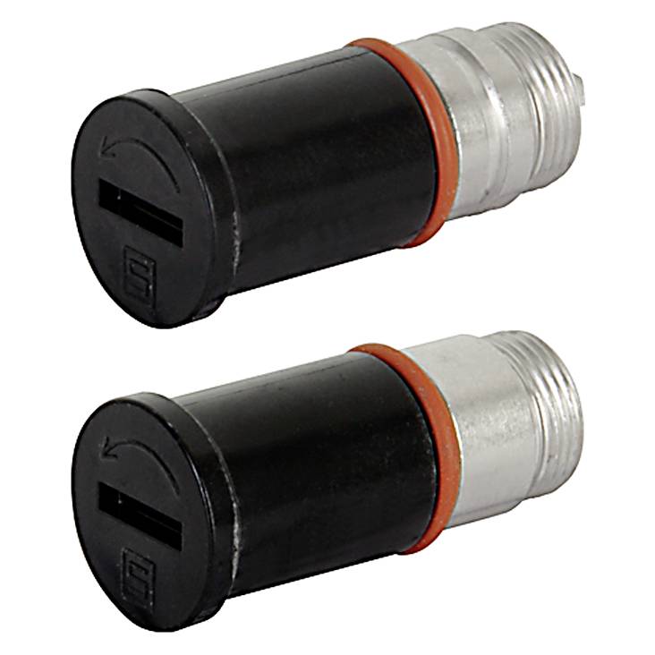 Zwei schwarze Zündkerzenadapter mit silbernen Gewinden und roten Ringen, übereinander dargestellt.