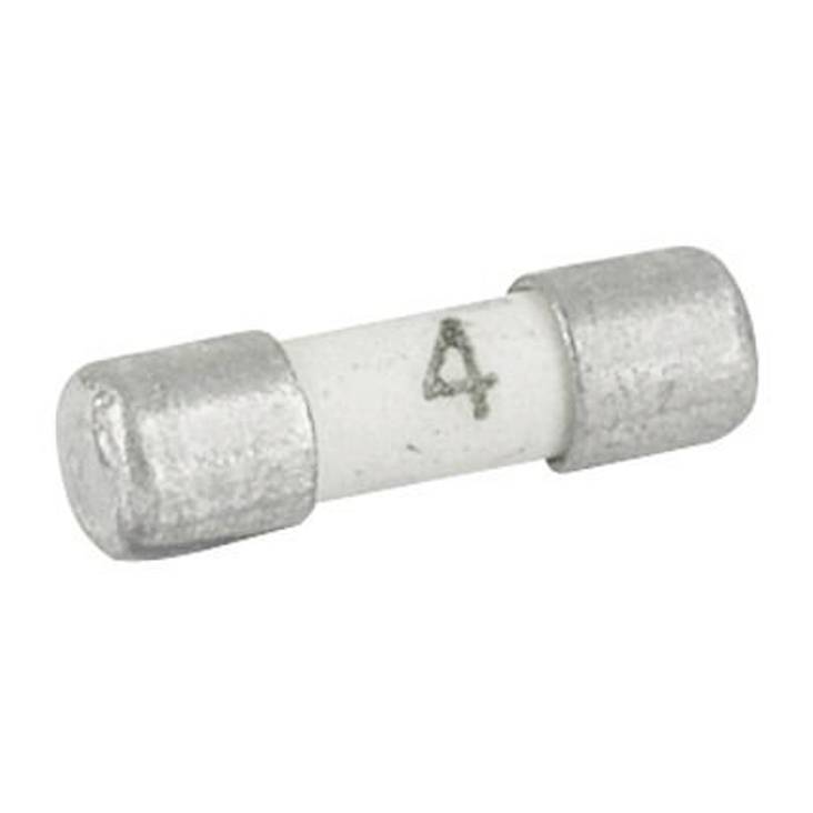 Kleine zylindrische Glas-Sicherung mit metallischen Endkappen, markiert mit der Ziffer '4', isoliert auf weißem Hintergrund.
