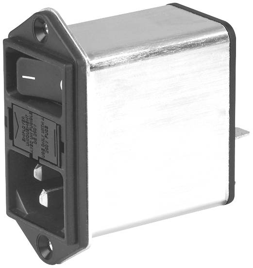 Ein rechteckiger Netzfilter, silberfarben mit schwarzer Frontplatte und Steckverbindungen, dient zur Reduzierung von elektrischen Störungen.