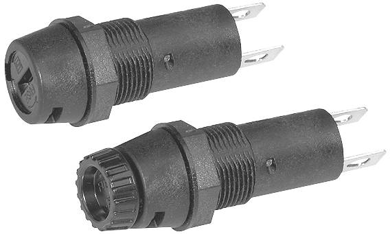 Zwei schwarze Sicherungshalter mit zylindrischem Gehäuse, seitliche Metallkontakte. Geeignet für elektrische Anwendungen.