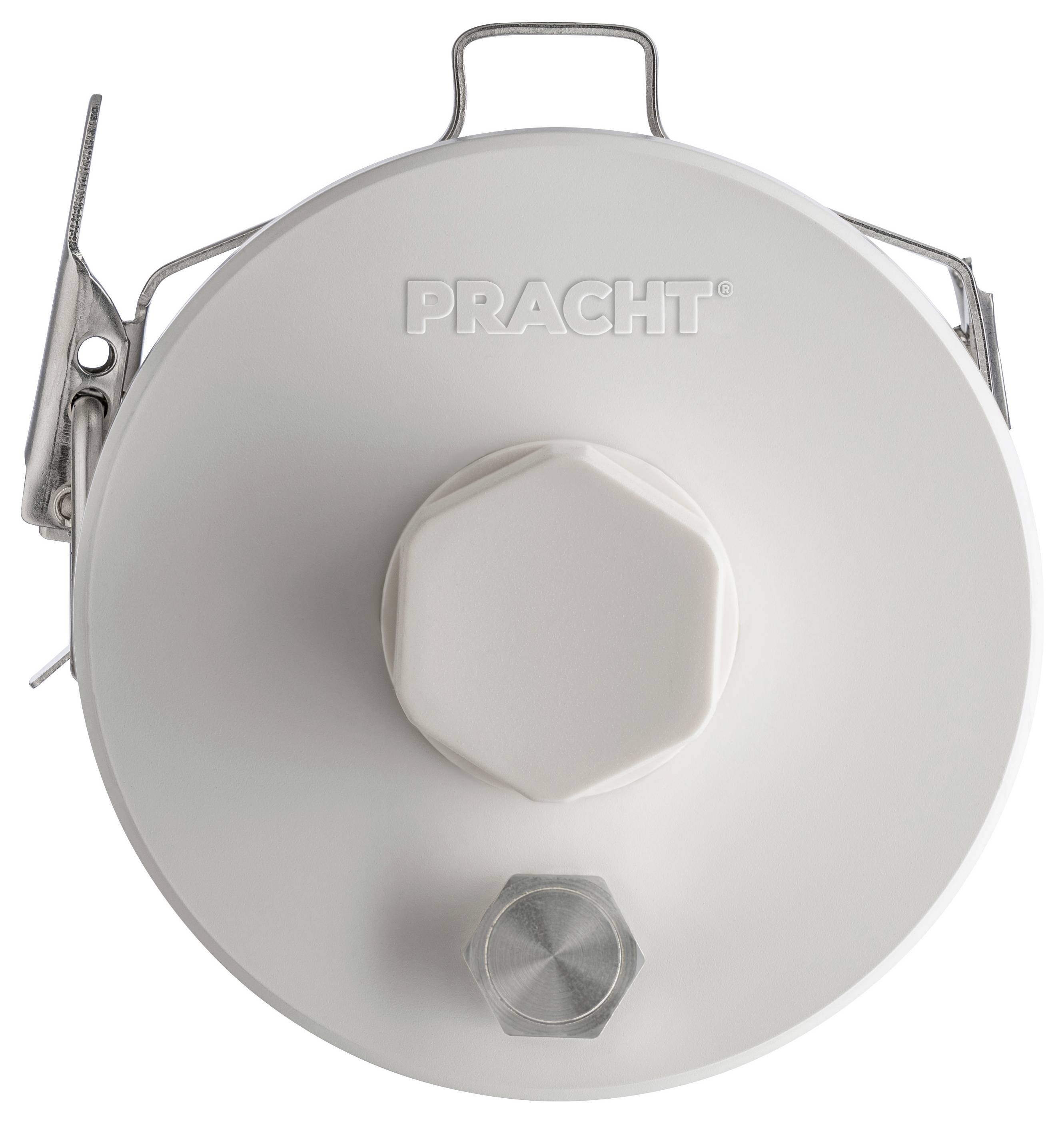 Runde, weiße Pracht-Leuchte mit einem zentralen sechseckigen Bolzen und einem kleinen Metallverschluss an der Seite, von oben betrachtet.