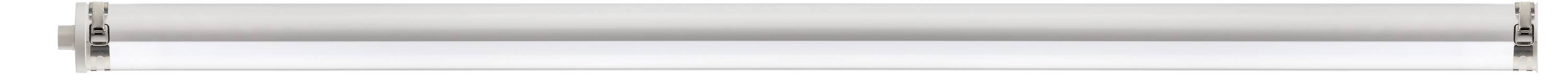 Eine Leuchtstoffröhre auf weißem Hintergrund mit Metallanschlüssen und transluzenter Ummantelung.