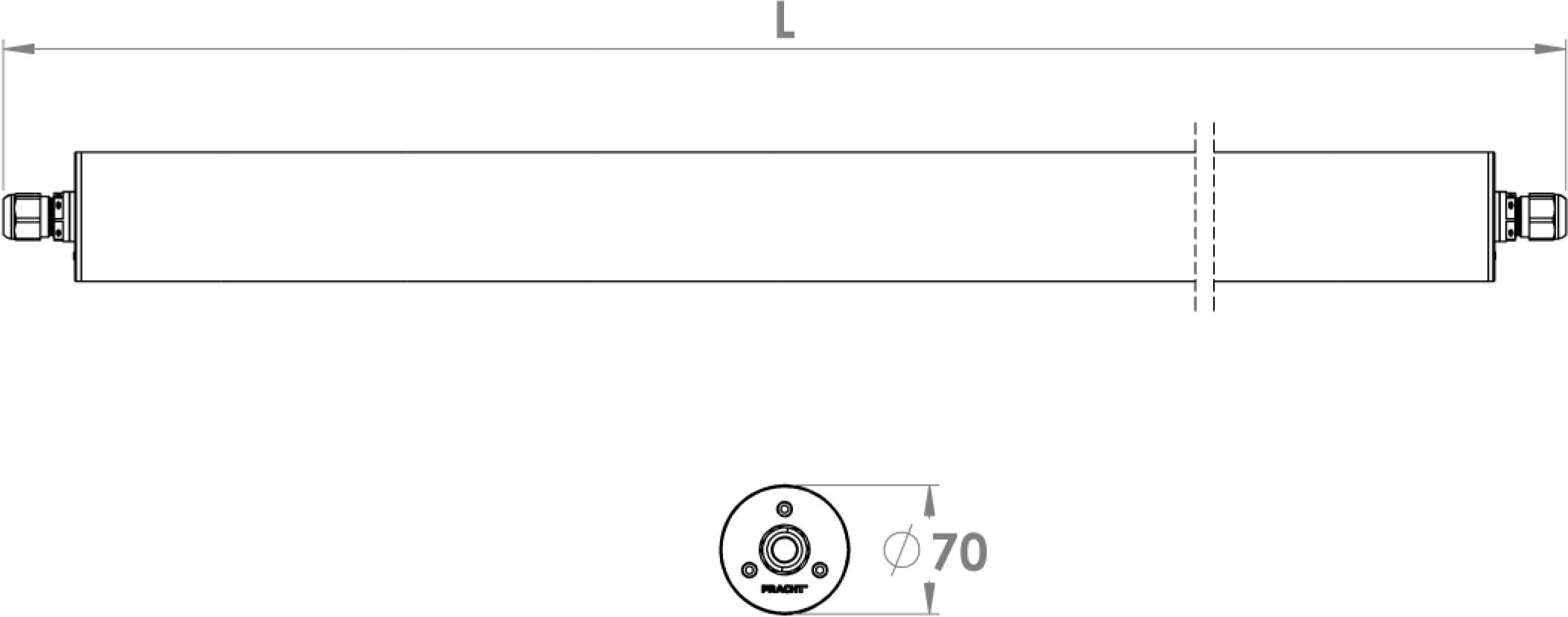 Eine technische Zeichnung eines zylindrischen Objekts, gekennzeichnet mit dem Durchmesser 'φ 70' und der Länge 'L', mit Anschlüssen an beiden Enden.