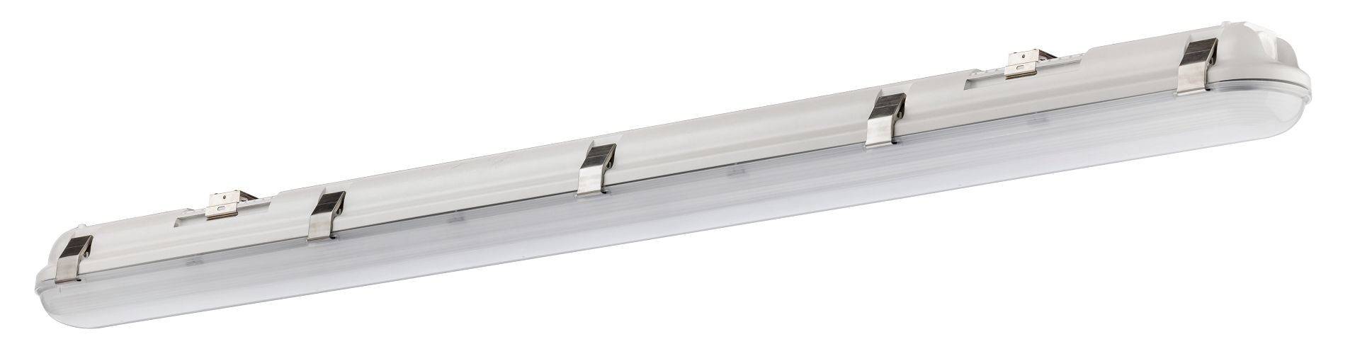 Wasserdichte, längliche LED-Leuchte mit Metallklammern. Geeignet für industrielle oder feuchte Umgebungen.