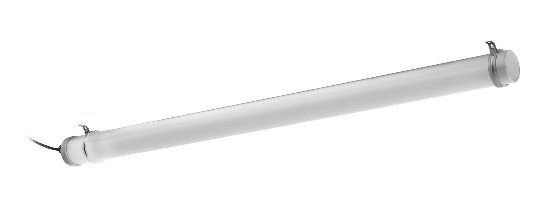 Eine LED-Röhre mit Kabel, an beiden Enden befestigt, in horizontaler Ausrichtung. Ideal für energieeffiziente Beleuchtung.