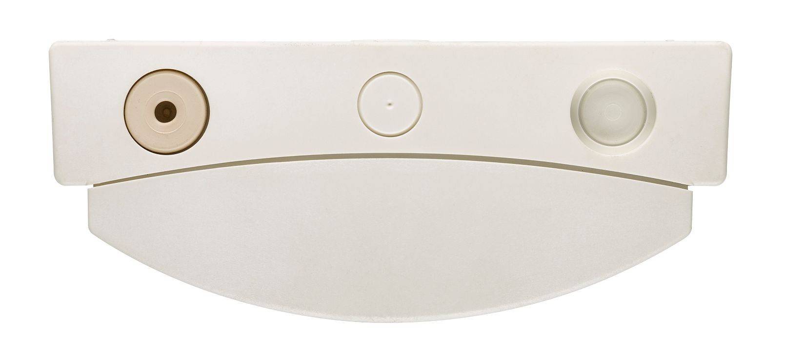 Weiße, halbkreisförmige Vorrichtung mit runden Tasten, vermutlich ein Sensor oder Steuergerät, an einer Wand montiert.