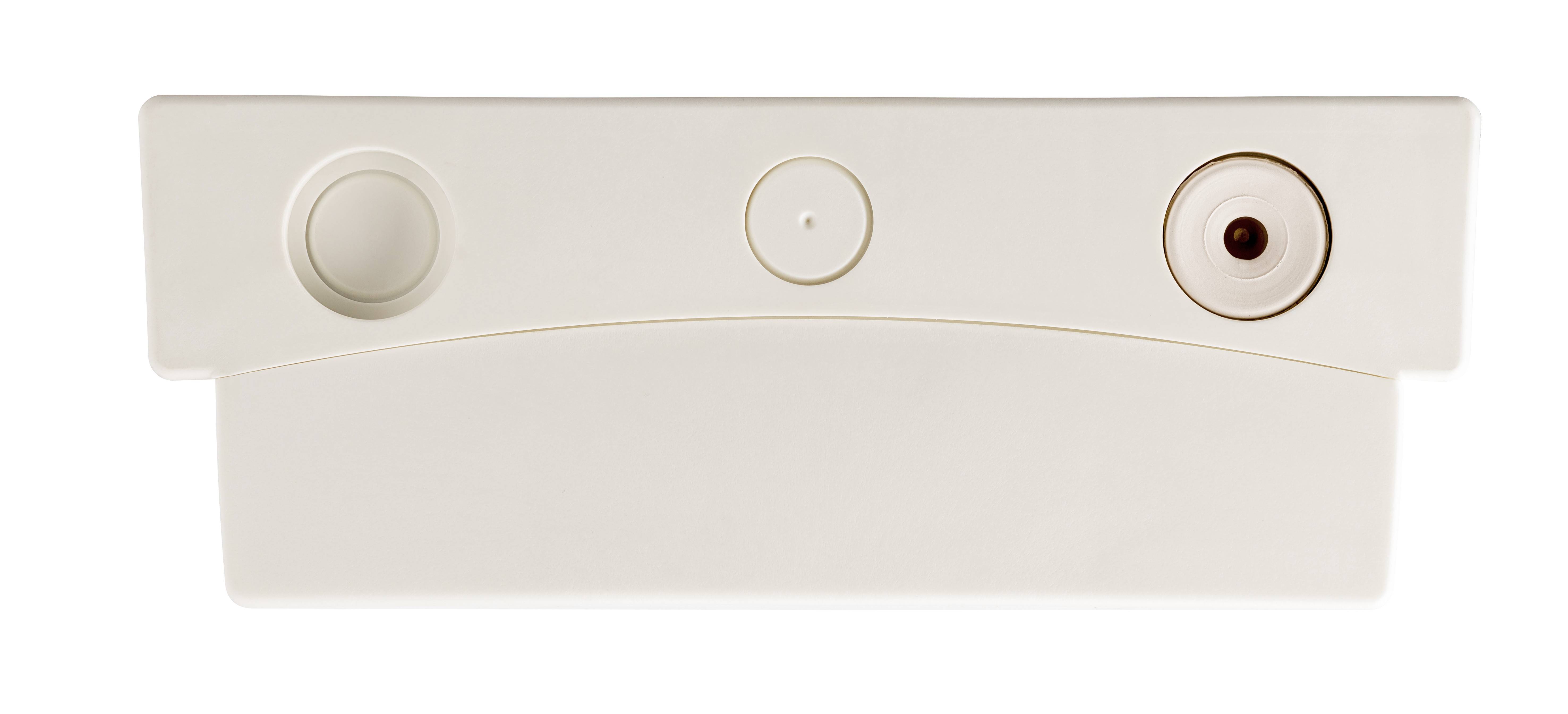 Weiße Deckenleuchte mit drei runden Elementen: zwei Lampen und ein Sensor. Minimalistisches Design, rechteckige Basis.