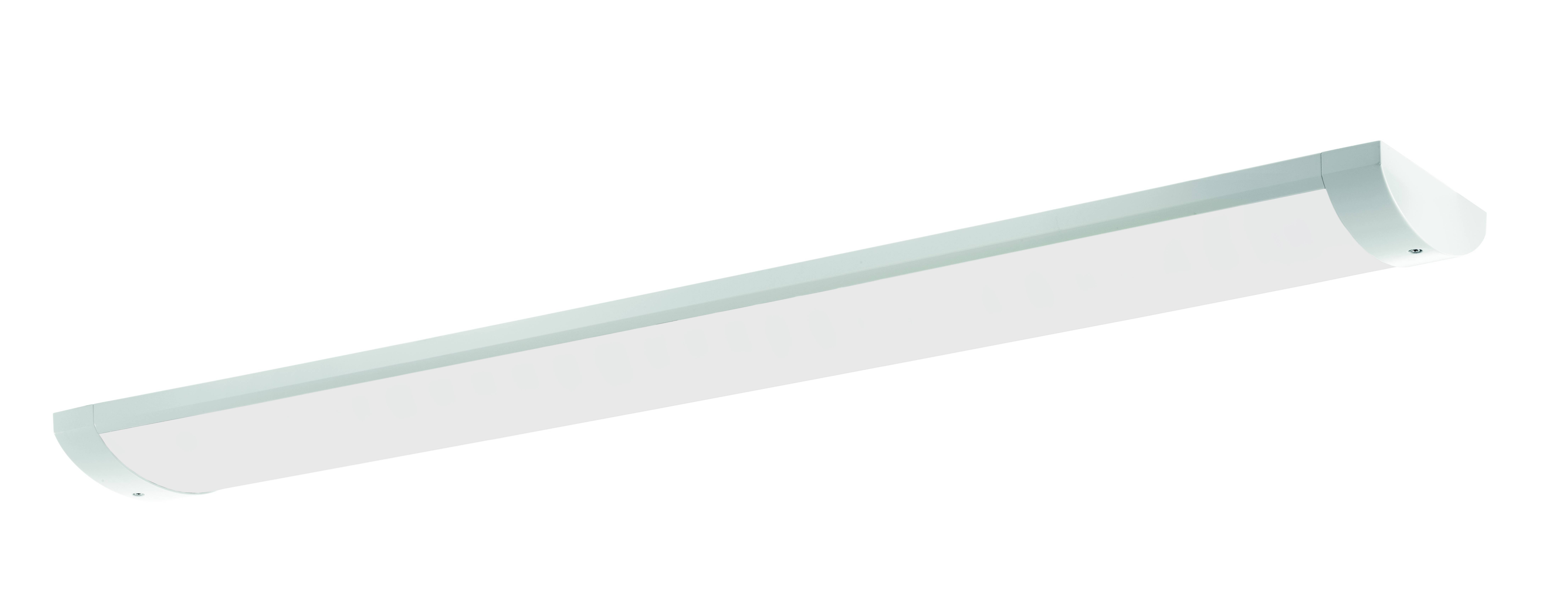 Eine lange, rechteckige LED-Deckenleuchte mit einem schlichten weißen Design. Ideal zur gleichmäßigen Raumbeleuchtung.