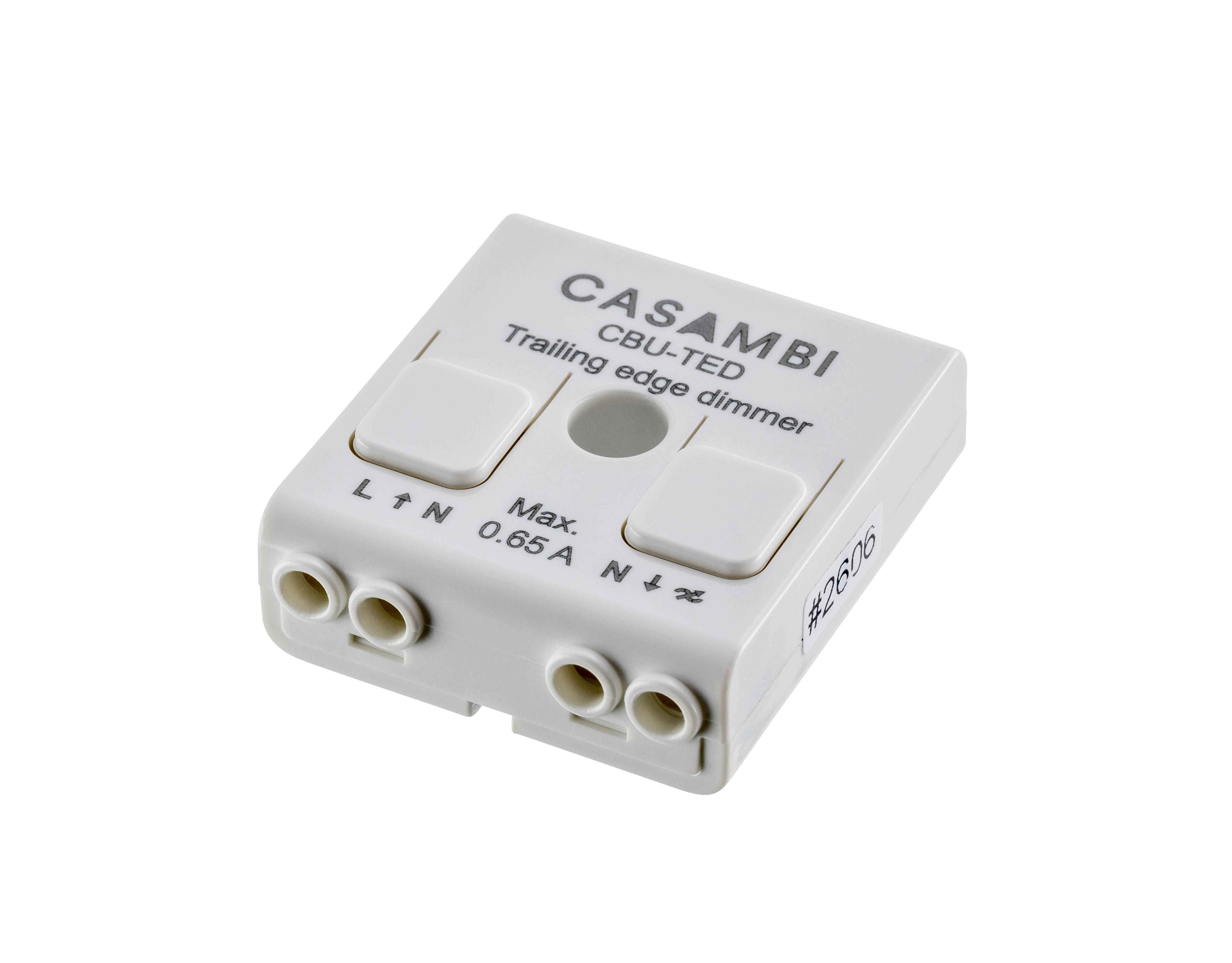 Ein weißer Casambi CBU-TED Dimmer, max. 0,65 A, mit Beschriftung 'Trailing edge dimmer', Anschlüsse für L, N und Ausgang.