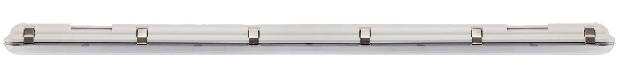 Eine lange, schmale Deckenleuchte mit mehreren gleichmäßig verteilten Lichtquellen in einem modernen Design.