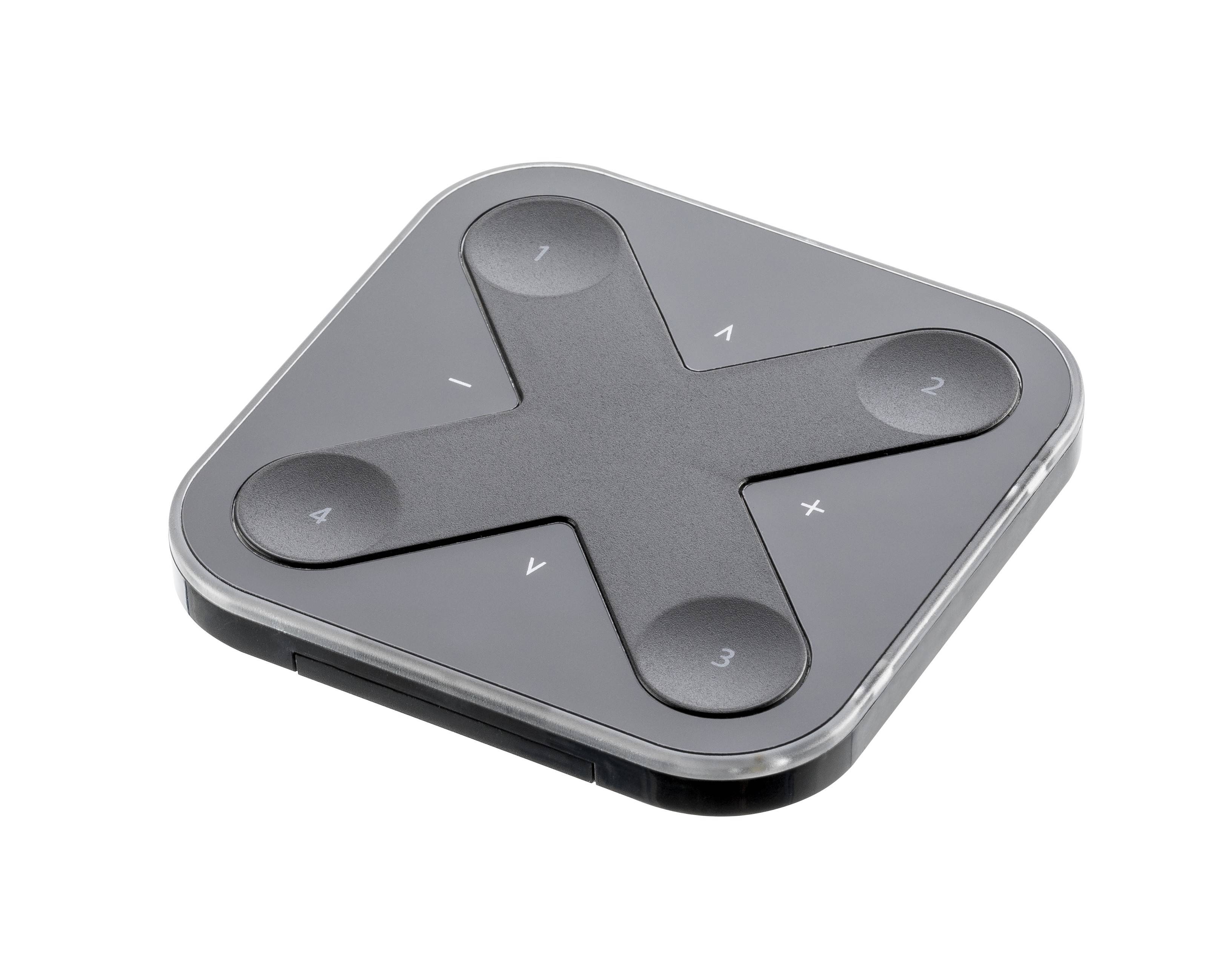 Ein quadratisches, schwarzes Steuergerät mit vier nummerierten Tasten (1 bis 4) in X-Anordnung, verwendet zur Steuerung von Geräten.