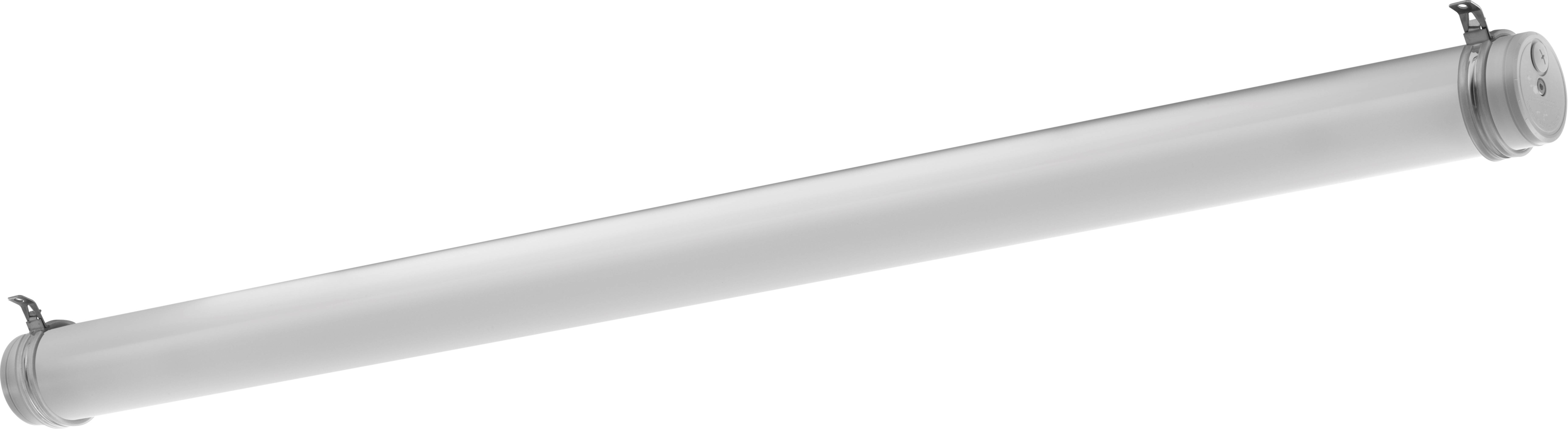 Eine lange, zylindrische LED-Leuchte mit weißen Enden, geeignet für Deckenmontage in industriellen oder gewerblichen Umgebungen.