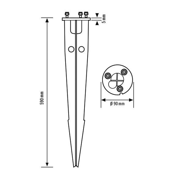 Zeichnung eines Bodenankers mit einer Länge von 590 mm und einem Durchmesser von 90 mm. Vier Schraubenlöcher oben und seitliche Öffnungen.