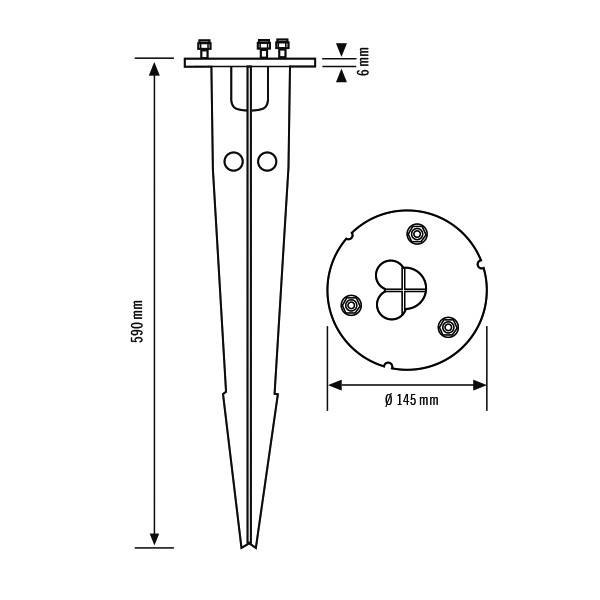 Zeichnung eines Erdspießes mit Gesamtlänge 590 mm und Basisdurchmesser 145 mm. Gezeigt werden die Schraubenpositionen auf der Basis.