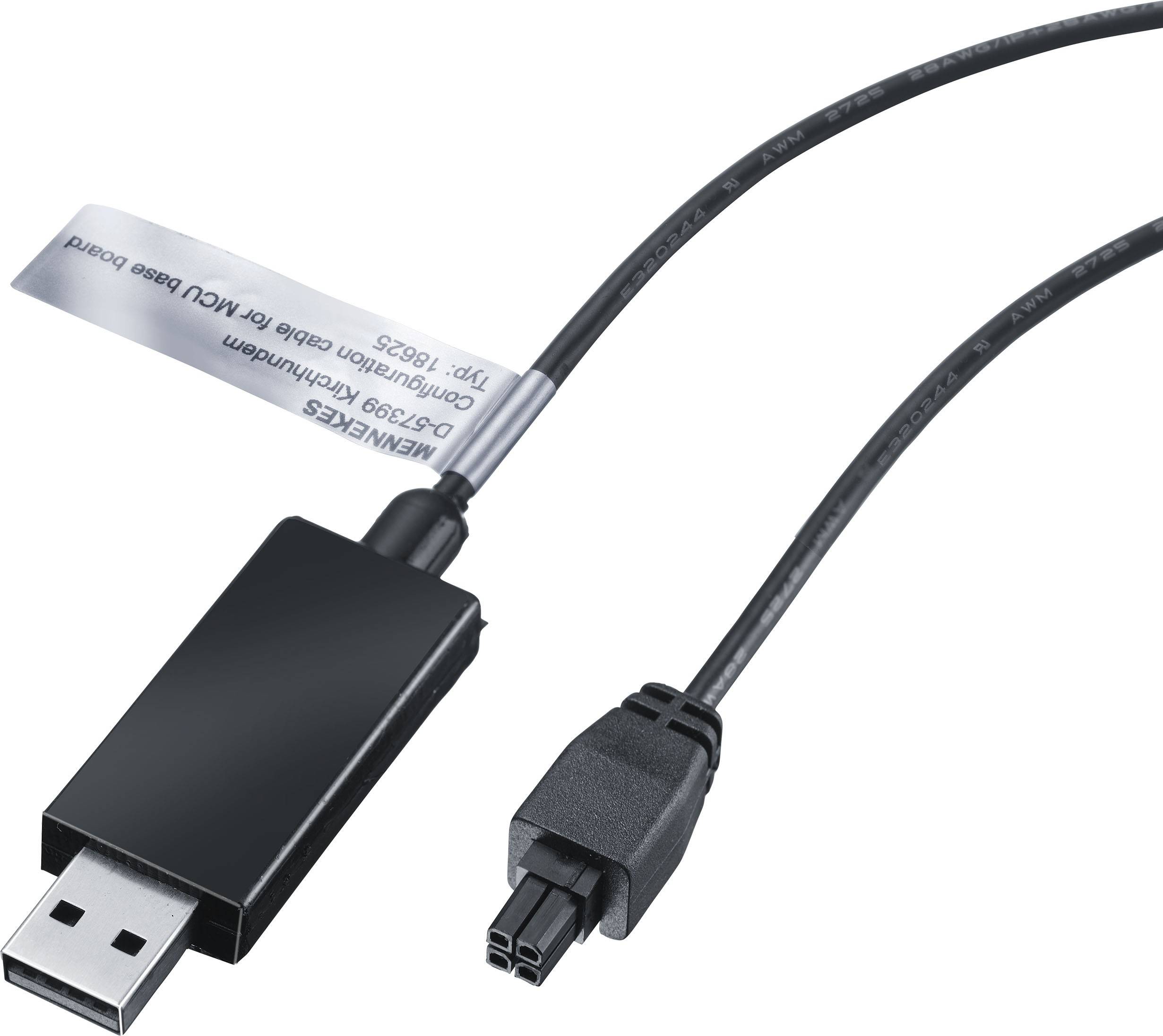 Schwarzes USB-Kabel mit einem rechteckigen Anschluss und einem 5-poligen Stecker, beschriftet mit 'KENWOOD', geeignet für Audio-Geräte.