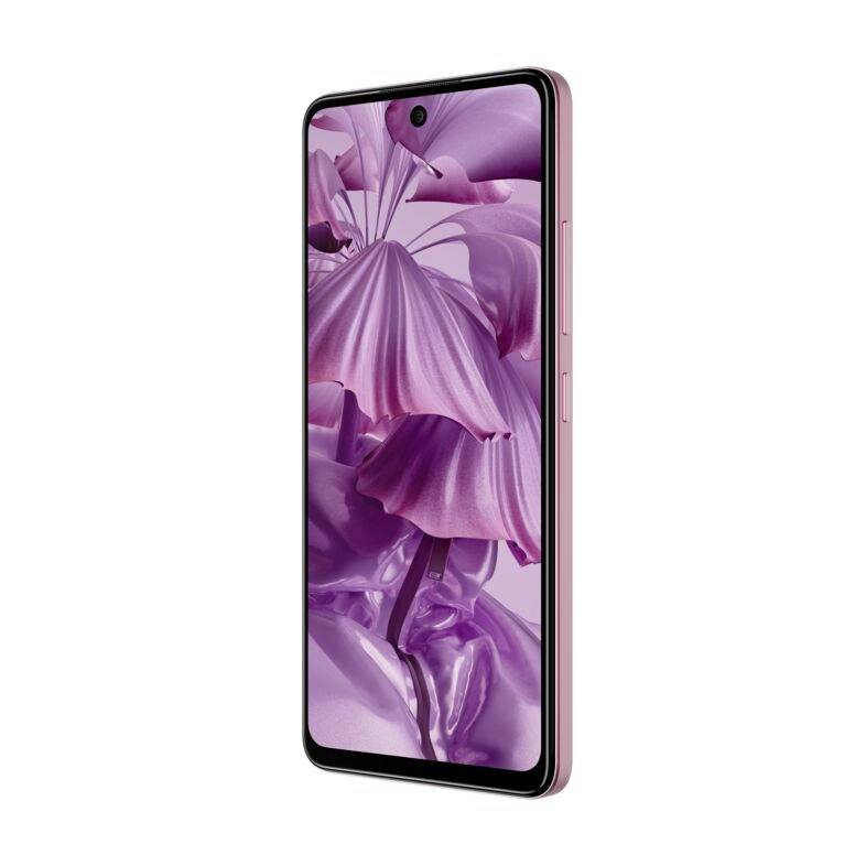 Ein Smartphone in rosa Farbe mit einem floralen Muster auf dem Bildschirm, seitliche Ansicht.