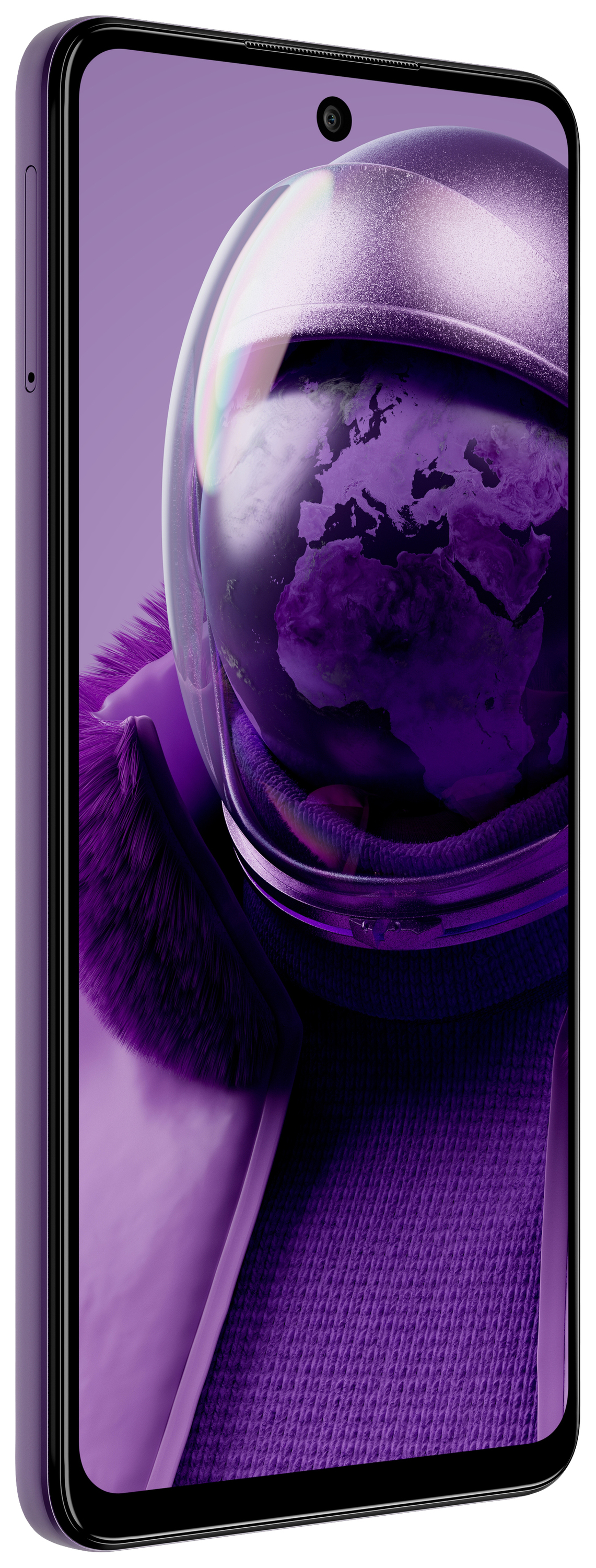 Smartphone in Lila, zeigt ein Astronautenhelm mit Weltkarte. Hauptkamera sichtbar, Gerät wirkt modern und stilvoll.