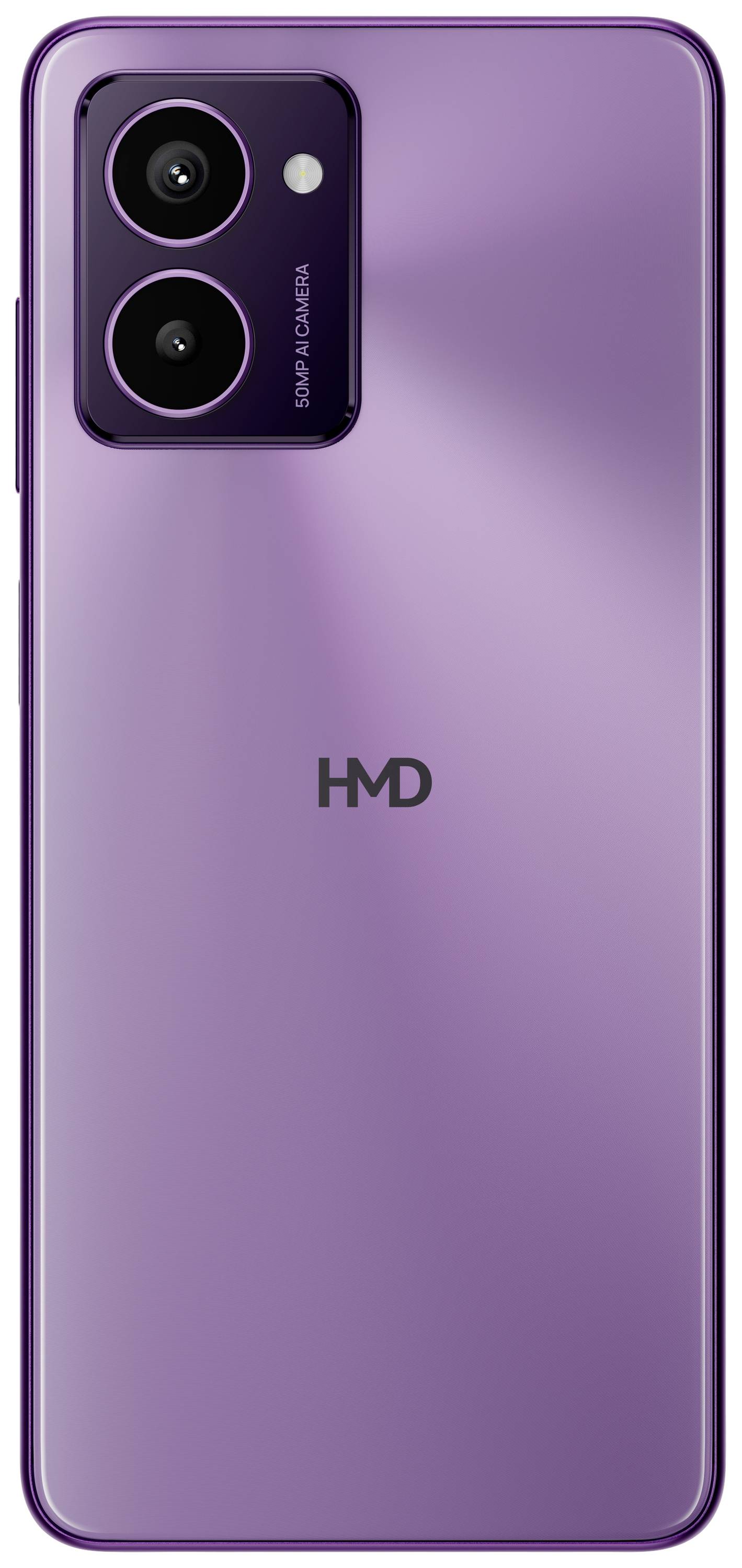 Lila Smartphone-Rückseite mit zwei Kameralinsen und einem Blitz im oberen linken Bereich, HMD-Logo in der Mitte.