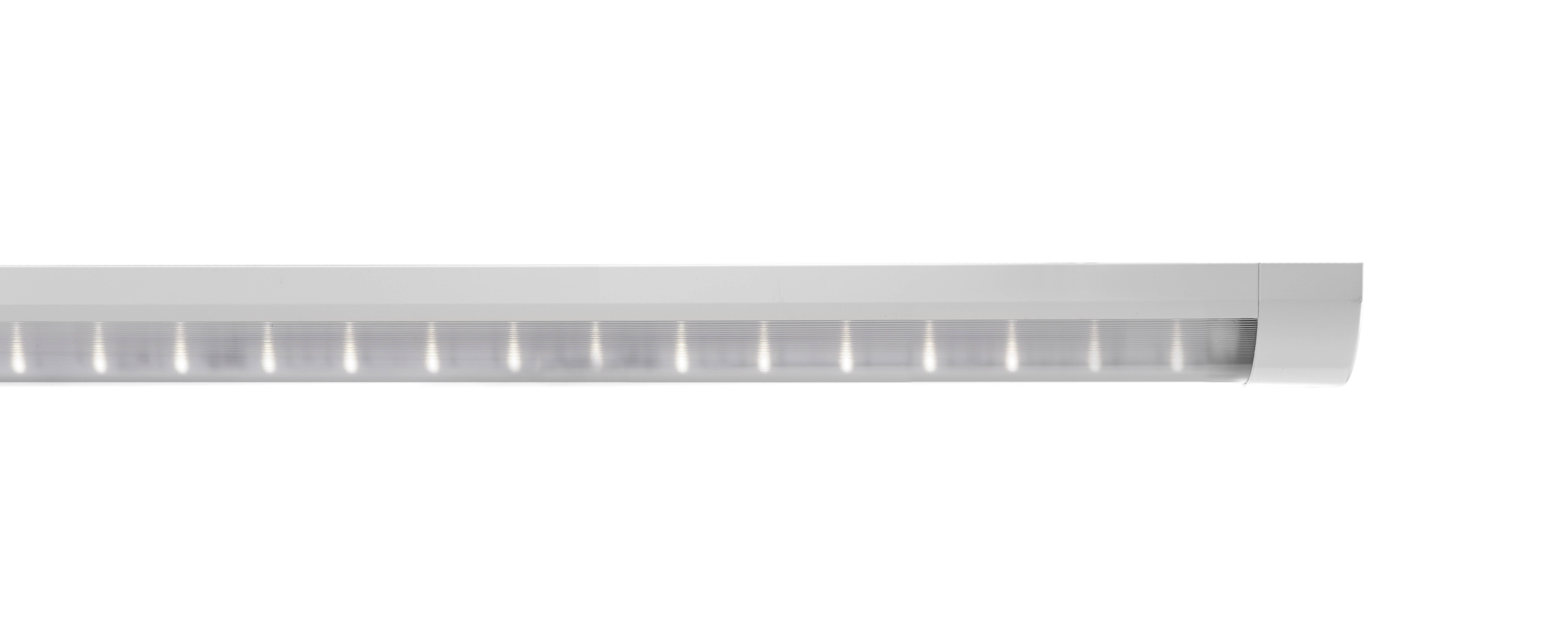 Eine weiße, längliche LED-Deckenleuchte mit mehreren Leuchtdioden in einer Reihe, geeignet für Büro- oder Arbeitsbereiche.