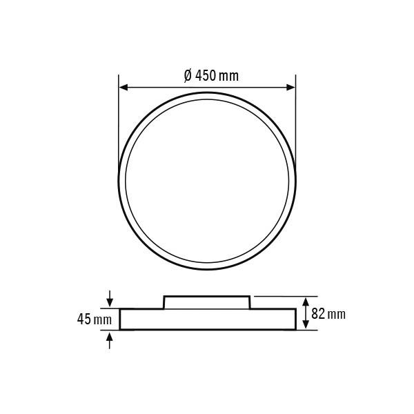 Eine technische Zeichnung zeigt die Seiten- und Aufsicht eines kreisförmigen Objekts mit einem Durchmesser von 450 mm und einer Höhe von 82 mm.