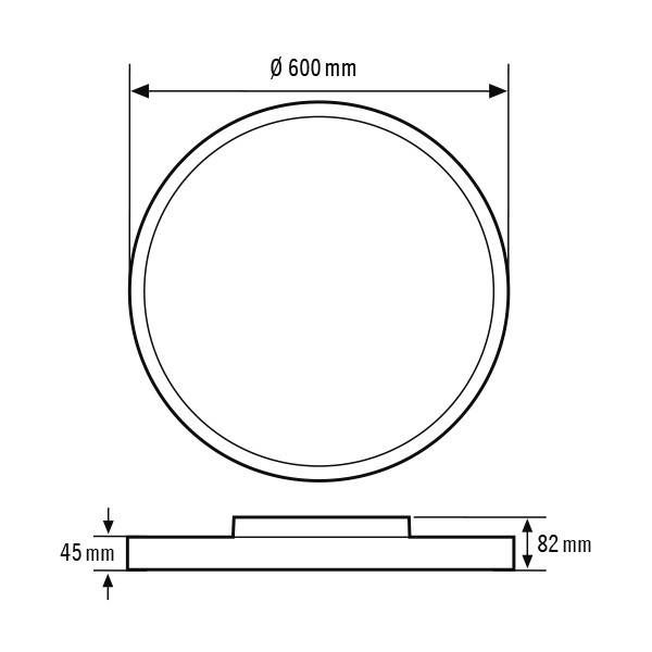 Eine technische Zeichnung eines runden Objekts mit einem Durchmesser von 600 mm, einer Höhe von 82 mm und einer Stufe von 45 mm.