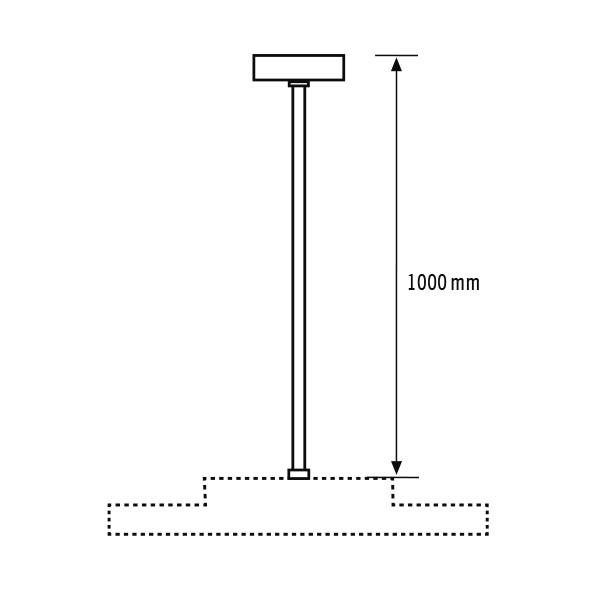 Strichzeichnung einer vertikalen Stange von 1000 mm Länge, verbunden mit einem quadratischen Element oben, angedeutete Basis unten.