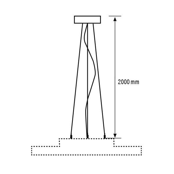 Skizze eines Lampenstativs mit vier Beinen. Höhe: 2000 mm, gezeigt neben einer gestrichelten Basisplattform.