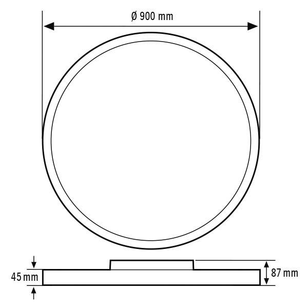 Kreisdurchmesser 900 mm, Höhe 87 mm, Breite am Sockel 45 mm. Schematische Darstellung mit Maßangaben des kreisförmigen Objekts.