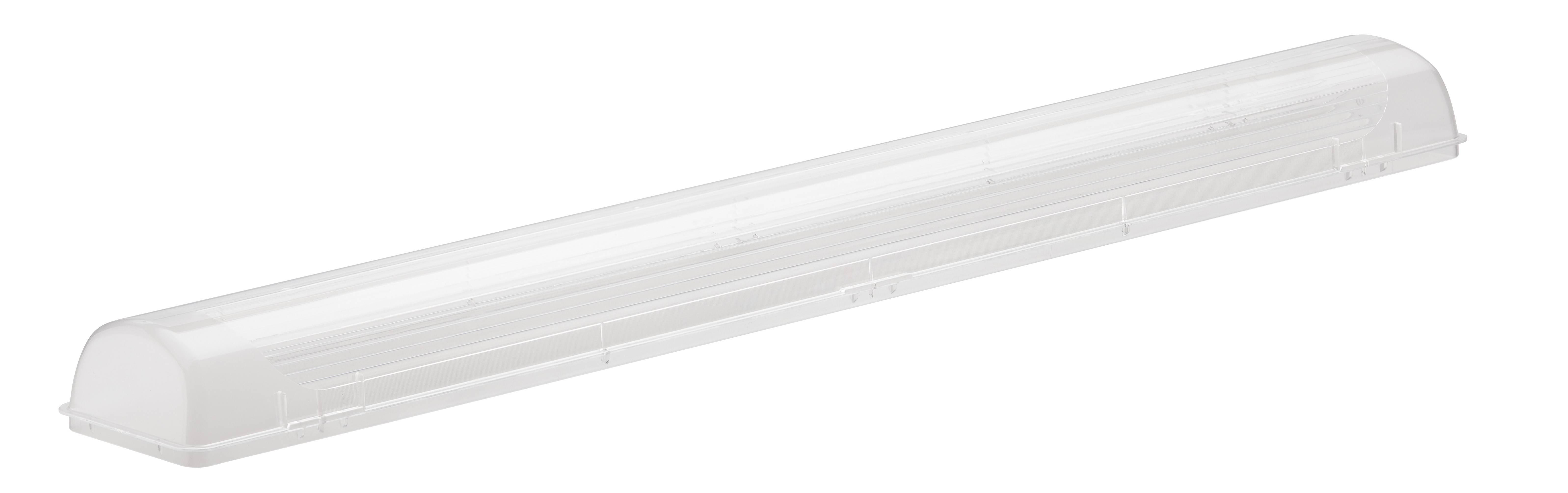Weiße, langgestreckte LED-Leuchte mit abgerundetem, transparentem Gehäuse. Geeignet für Decken- oder Wandmontage in Innenräumen.