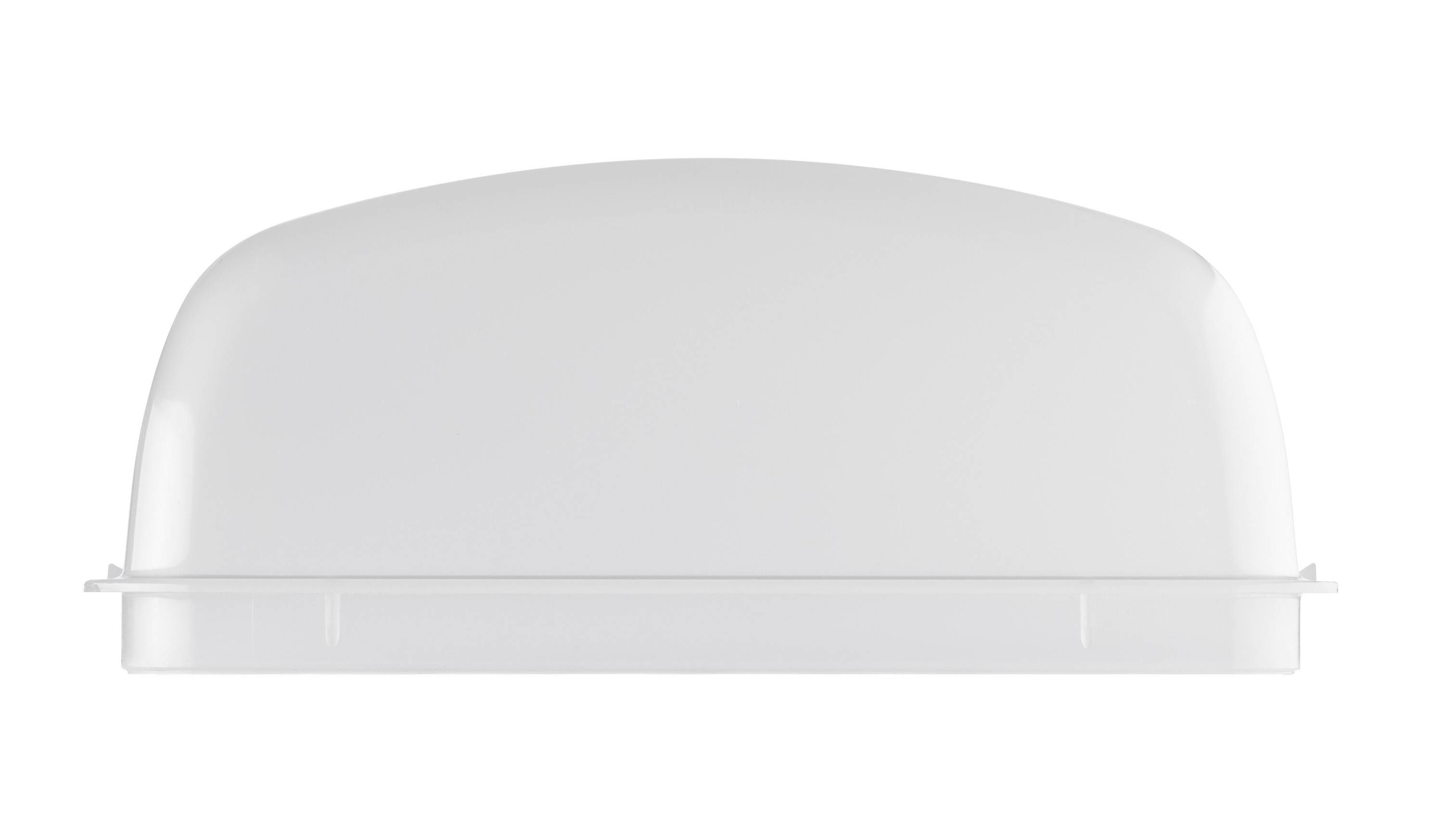 Eine weiße Abdeckhaube in rechteckiger Form mit abgerundeten Ecken, vor einem weißen Hintergrund.