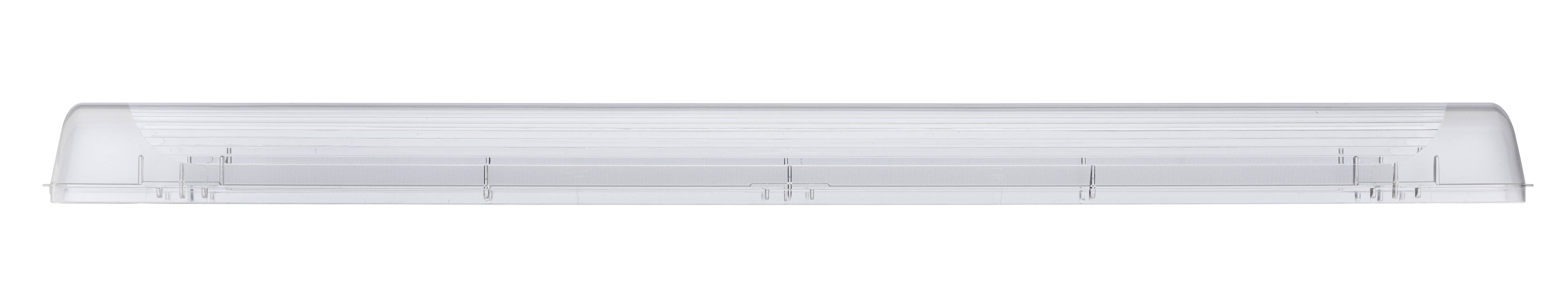 Eine lange, weiße LED-Leuchte mit transparentem Schutzgehäuse, montiert in einer Leuchteinfassung.