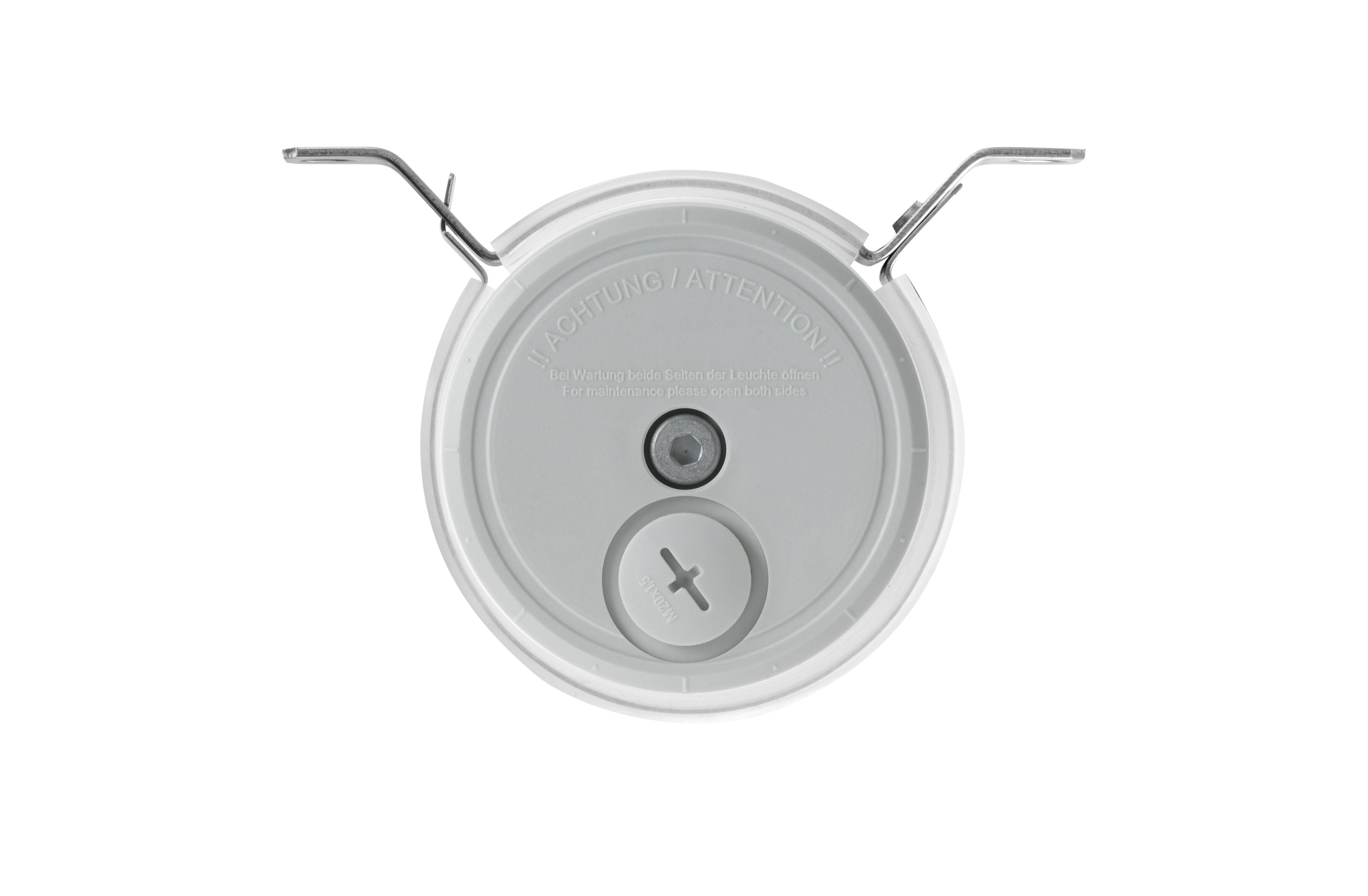 Ein grauer Deckel mit der Aufschrift 'ACHTUNG! ATTENTION!' zeigt ein Schraubensymbol. Er hat zwei hervorstehende Metallklammern.