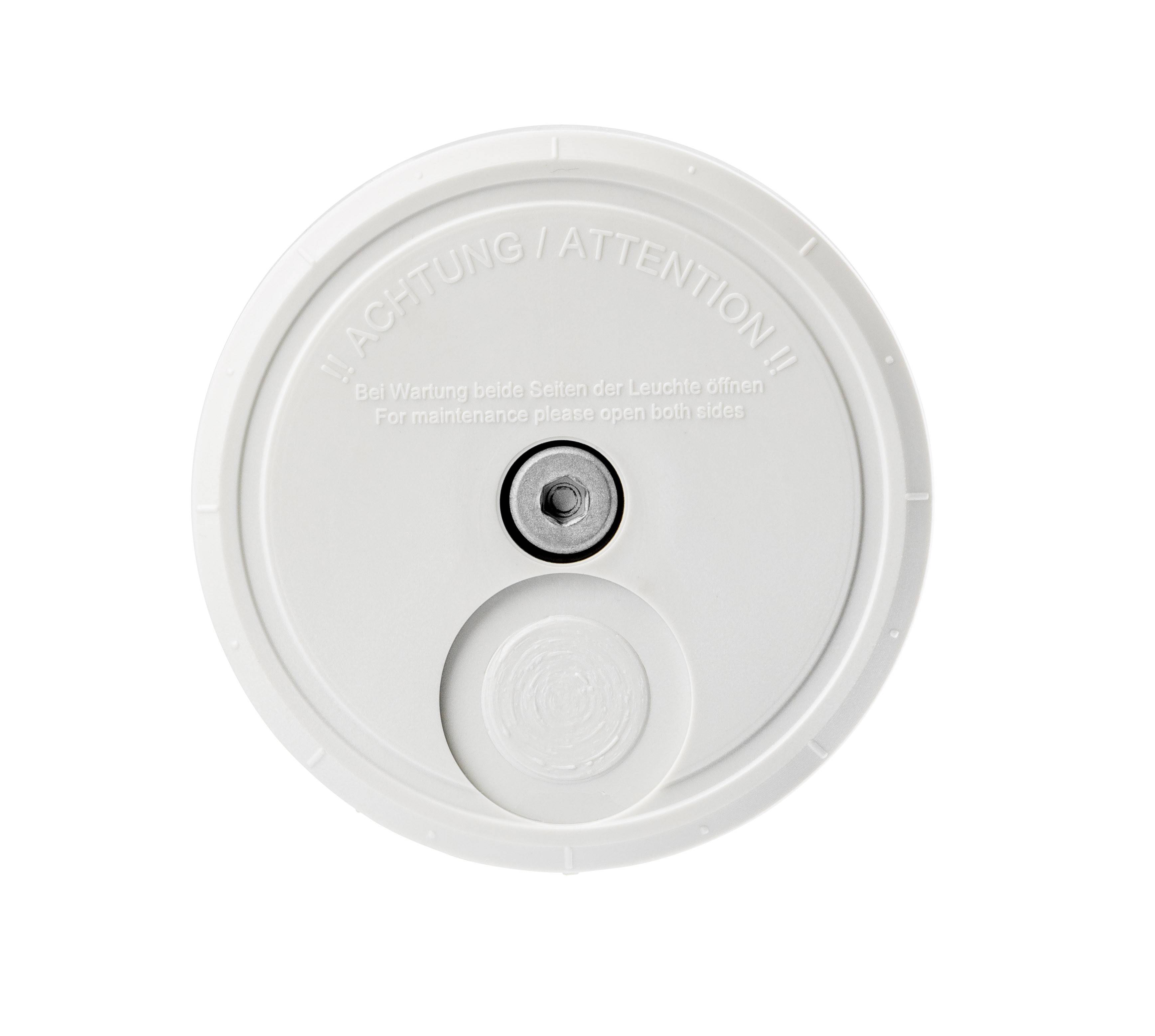 Weiße runde Abdeckung mit einem zentralen Metallschloss und der Aufschrift 'Achtung! Bei Wartung beide Seiten der Leuchte öffnen'.