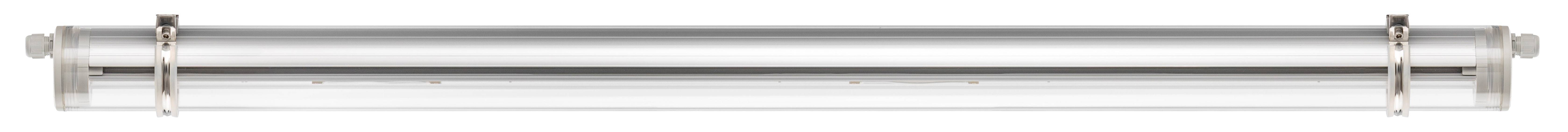 Eine silberne, zylindrische LED-Leuchte mit klarer Abdeckung.