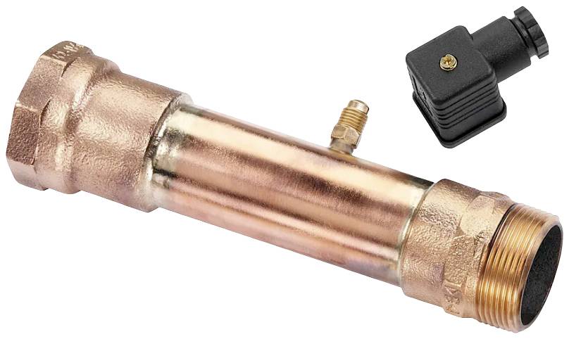 Kupferrohr mit einem angeschlossenen schwarzen elektronischen Modul. Das Rohr hat unterschiedliche Dicken und Anschlüsse an jedem Ende.