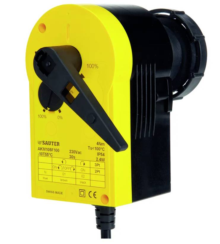 Gelbes elektrisches Ventil mit schwarzem Schalter und Kabelanschluss. Es zeigt Prozentangaben und technische Details auf der Vorderseite.