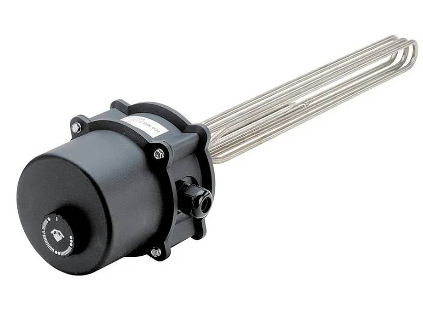 Elektrischer Heizelementstab mit schwarzem Gehäuse und mehreren Metallröhren, zur Erwärmung von Flüssigkeiten in industriellen Anwendungen.