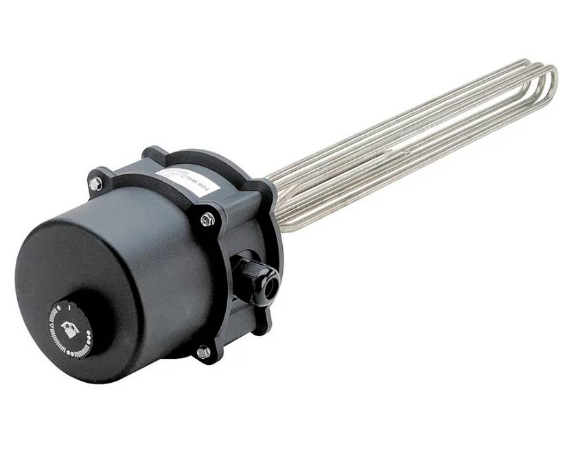 Heizelement aus Metall mit zylindrischem Anschlussgehäuse, geeignet für industrielle Anwendungen wie Heizsysteme oder Wassererwärmung.