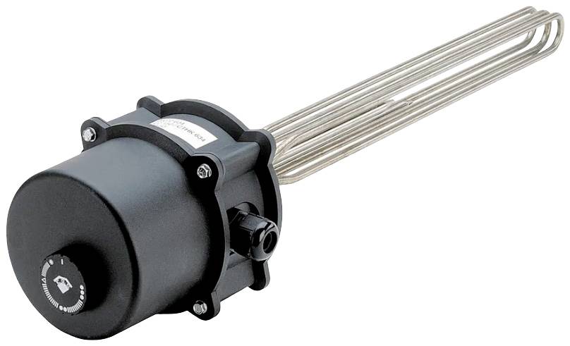 Schwarz ummanteltes Heizrohr mit zylindrischem Gehäuse und mehreren Metallstäben. Wird für Flüssigkeitserhitzung verwendet.