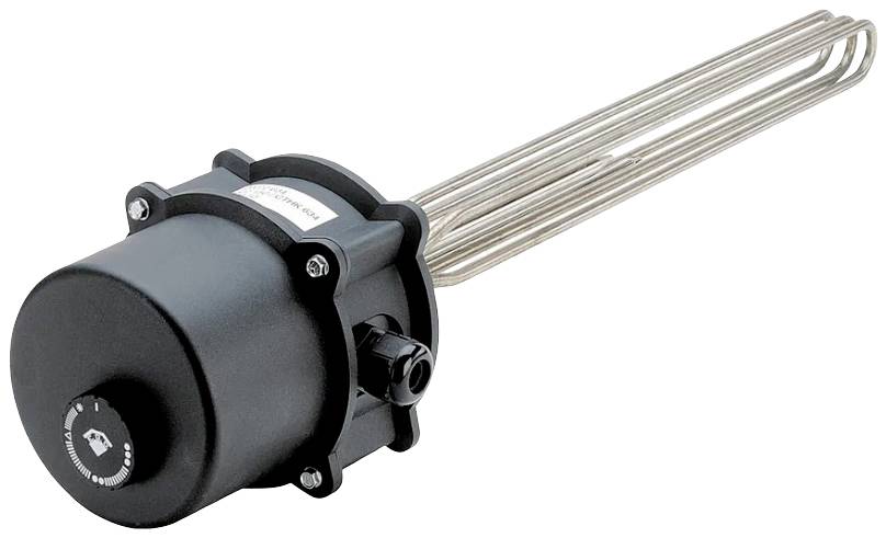 Heizstab mit schwarzem Gehäuse und Einstellknopf, geeignet für industrielle Anwendungen.