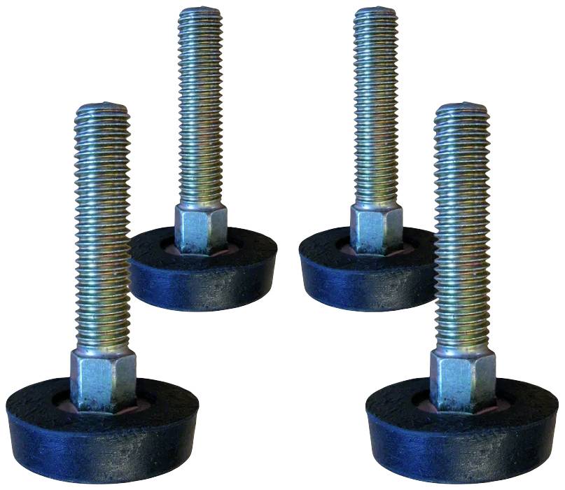 Vier verstellbare Maschinenfüße, metallisch mit schwarzen Basen, stehen aufrecht vor einem weißen Hintergrund.