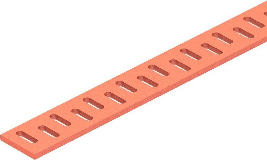 Eine lange, rechteckige, orangefarbene Platte mit einer Reihe ovaler Löcher, die gleichmäßig entlang ihrer Länge verteilt sind.