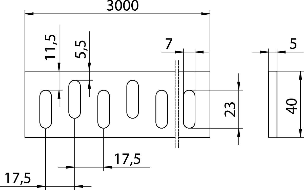 Technische Zeichnung eines Metallprofils mit Maßen: Länge 3000, Breite 40, Höhe 17,5. Enthält ovale Löcher und zusätzliche Maße.